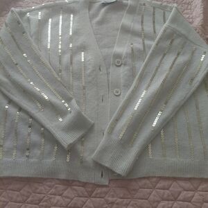 New York & Company White Cardigan with Gold Sequin Stripes